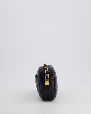 Chanel Black Quilted Small Camera Bag in Lambskin Leather with Front Pocket and Gold Hardware