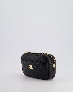 Chanel Black Quilted Small Camera Bag in Lambskin Leather with Front Pocket and Gold Hardware