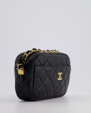 Chanel Black Quilted Small Camera Bag in Lambskin Leather with Front Pocket and Gold Hardware