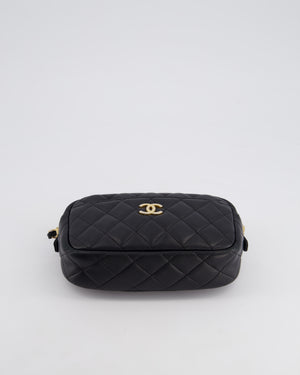 Chanel Black Quilted Small Camera Bag in Lambskin Leather with Front Pocket and Gold Hardware