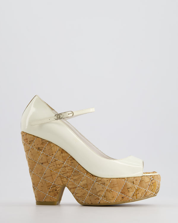 Chanel White Patent Open-Toe Wedges Size EU 39