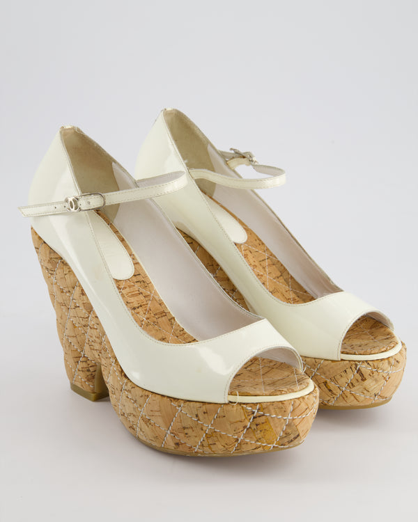Chanel White Patent Open-Toe Wedges Size EU 39
