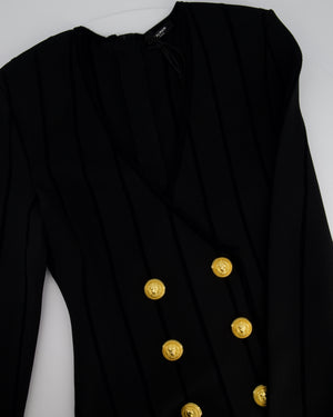 Balmain Black Striped Double Breasted Midi Dress with Gold Button Detail Size FR 44 (UK 16)