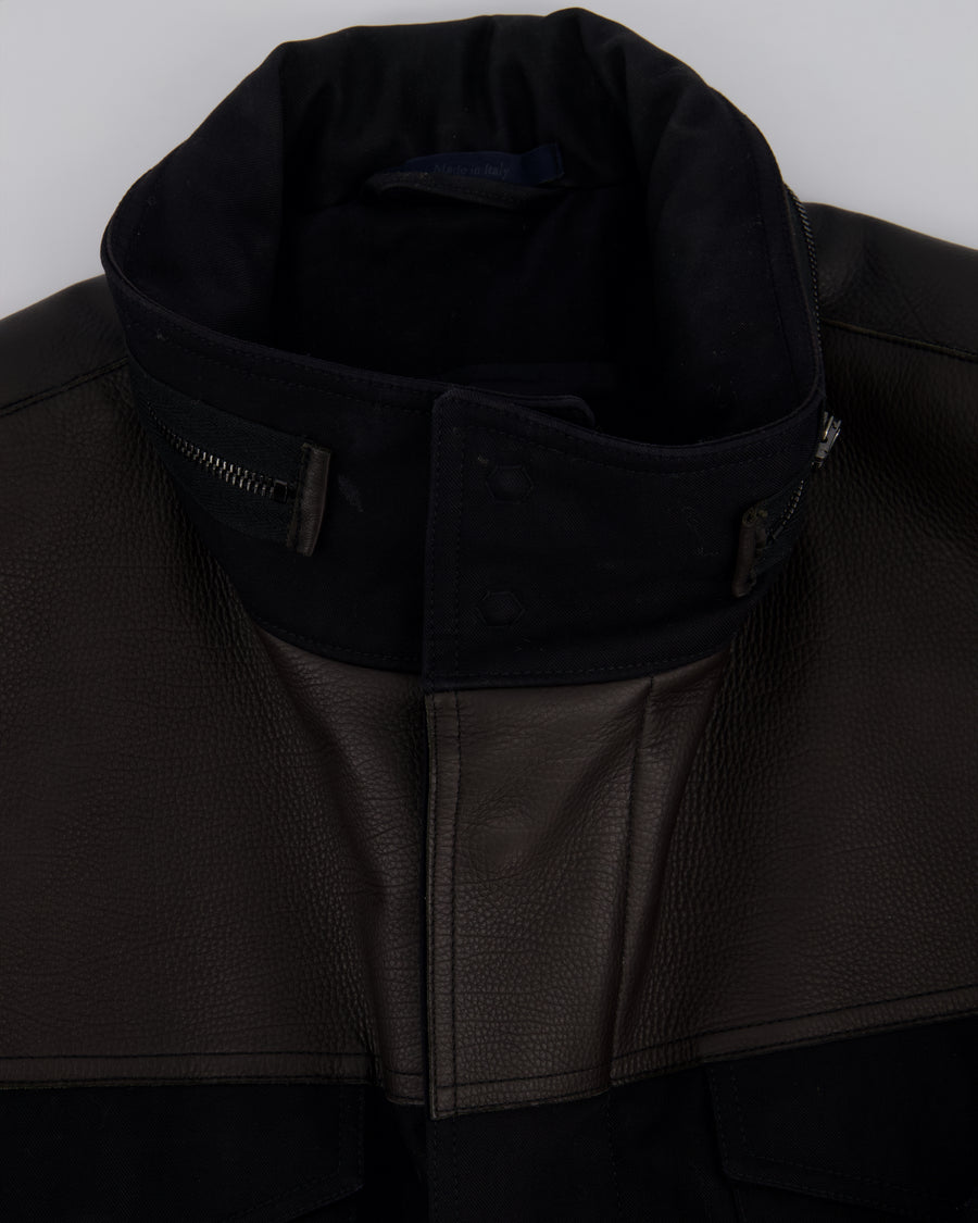 Lanvin Navy Menswear Pocketed Jacket with Leather Trim and Hooded Detail Size UK XL (EU 52)