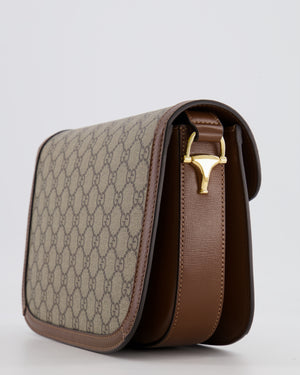 Gucci Horsebit 1955 Medium Shoulder Bag in Beige/Dark Brown GG Supreme Monogram Canvas &amp; Brown Leather Trim with Gold Hardware RRP £2,400