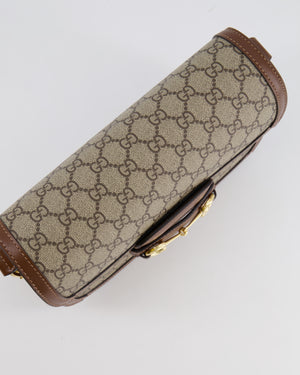 Gucci Horsebit 1955 Medium Shoulder Bag in Beige/Dark Brown GG Supreme Monogram Canvas &amp; Brown Leather Trim with Gold Hardware RRP £2,400