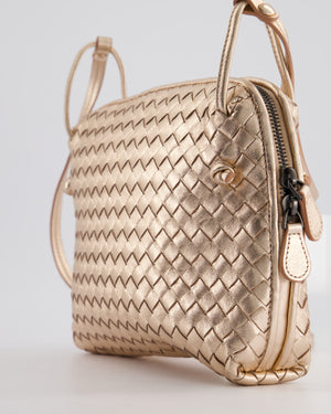 Bottega Veneta Metallic Rose Gold Intrecciato Leather Cross-Body Bag with Ruthenium Hardware