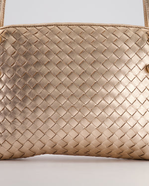 Bottega Veneta Metallic Rose Gold Intrecciato Leather Cross-Body Bag with Ruthenium Hardware