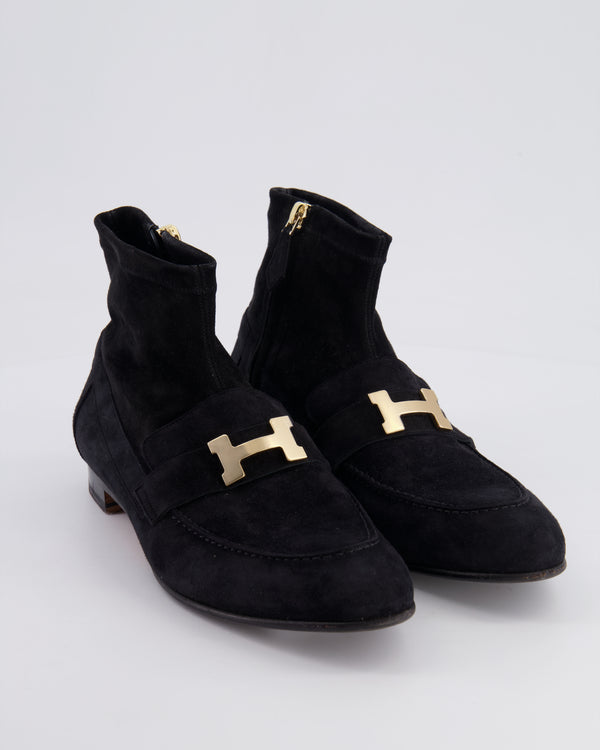 Hermès Black Suede Saint Honoré Ankle Boots with Champagne Gold Hardware Size EU 39