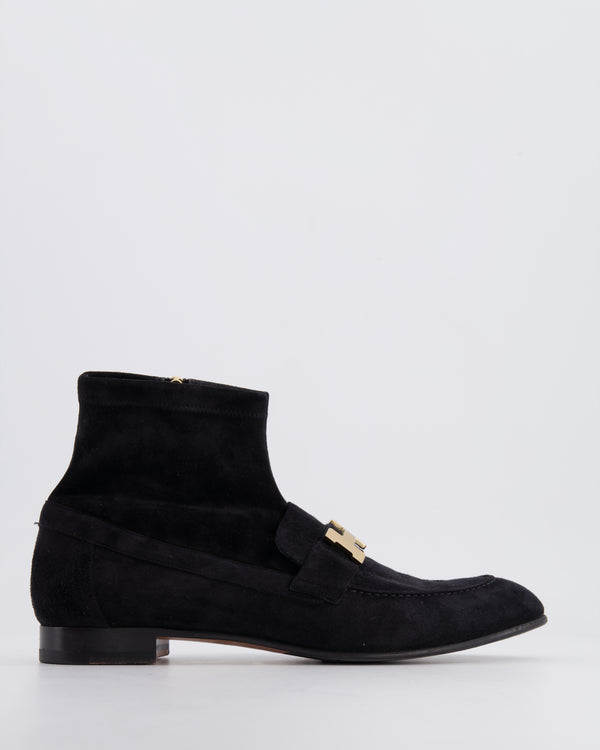 Hermès Black Suede Saint Honoré Ankle Boots with Champagne Gold Hardware Size EU 39