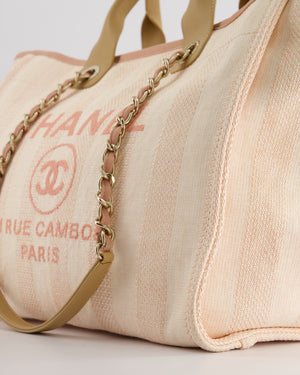 Chanel Baby Pink Canvas Medium Deauville Tote Bag with Beige Leather Handles and Champagne Gold Hardware