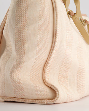 Chanel Baby Pink Canvas Medium Deauville Tote Bag with Beige Leather Handles and Champagne Gold Hardware