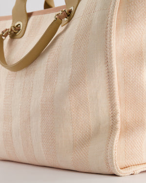 Chanel Baby Pink Canvas Medium Deauville Tote Bag with Beige Leather Handles and Champagne Gold Hardware
