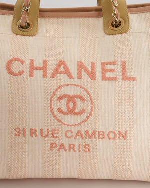 Chanel Baby Pink Canvas Medium Deauville Tote Bag with Beige Leather Handles and Champagne Gold Hardware