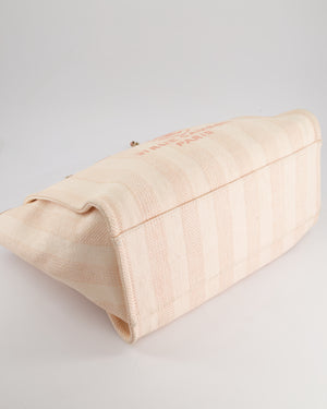 Chanel Baby Pink Canvas Medium Deauville Tote Bag with Beige Leather Handles and Champagne Gold Hardware