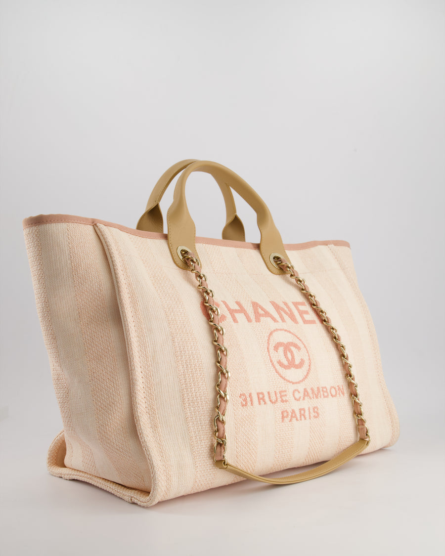 Chanel Baby Pink Canvas Medium Deauville Tote Bag with Beige Leather Handles and Champagne Gold Hardware