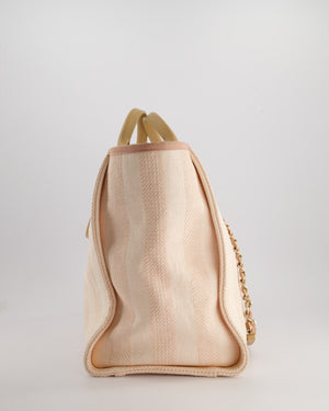 Chanel Baby Pink Canvas Medium Deauville Tote Bag with Beige Leather Handles and Champagne Gold Hardware
