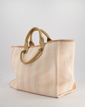 Chanel Baby Pink Canvas Medium Deauville Tote Bag with Beige Leather Handles and Champagne Gold Hardware