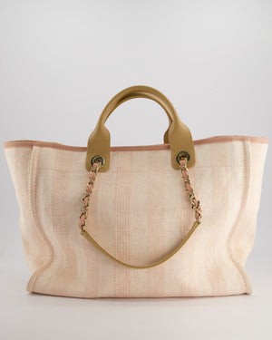 Chanel Baby Pink Canvas Medium Deauville Tote Bag with Beige Leather Handles and Champagne Gold Hardware