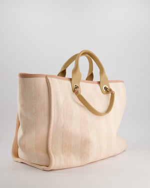 Chanel Baby Pink Canvas Medium Deauville Tote Bag with Beige Leather Handles and Champagne Gold Hardware