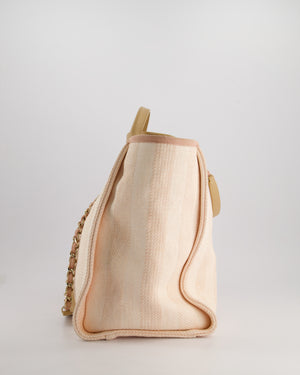 Chanel Baby Pink Canvas Medium Deauville Tote Bag with Beige Leather Handles and Champagne Gold Hardware