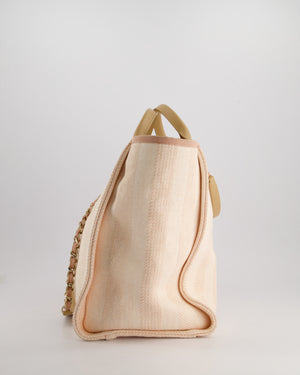 Chanel Baby Pink Canvas Medium Deauville Tote Bag with Beige Leather Handles and Champagne Gold Hardware