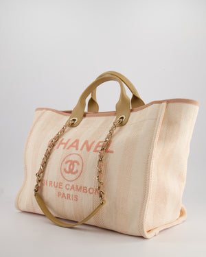 Chanel Baby Pink Canvas Medium Deauville Tote Bag with Beige Leather Handles and Champagne Gold Hardware