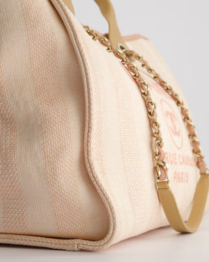Chanel Baby Pink Canvas Medium Deauville Tote Bag with Beige Leather Handles and Champagne Gold Hardware