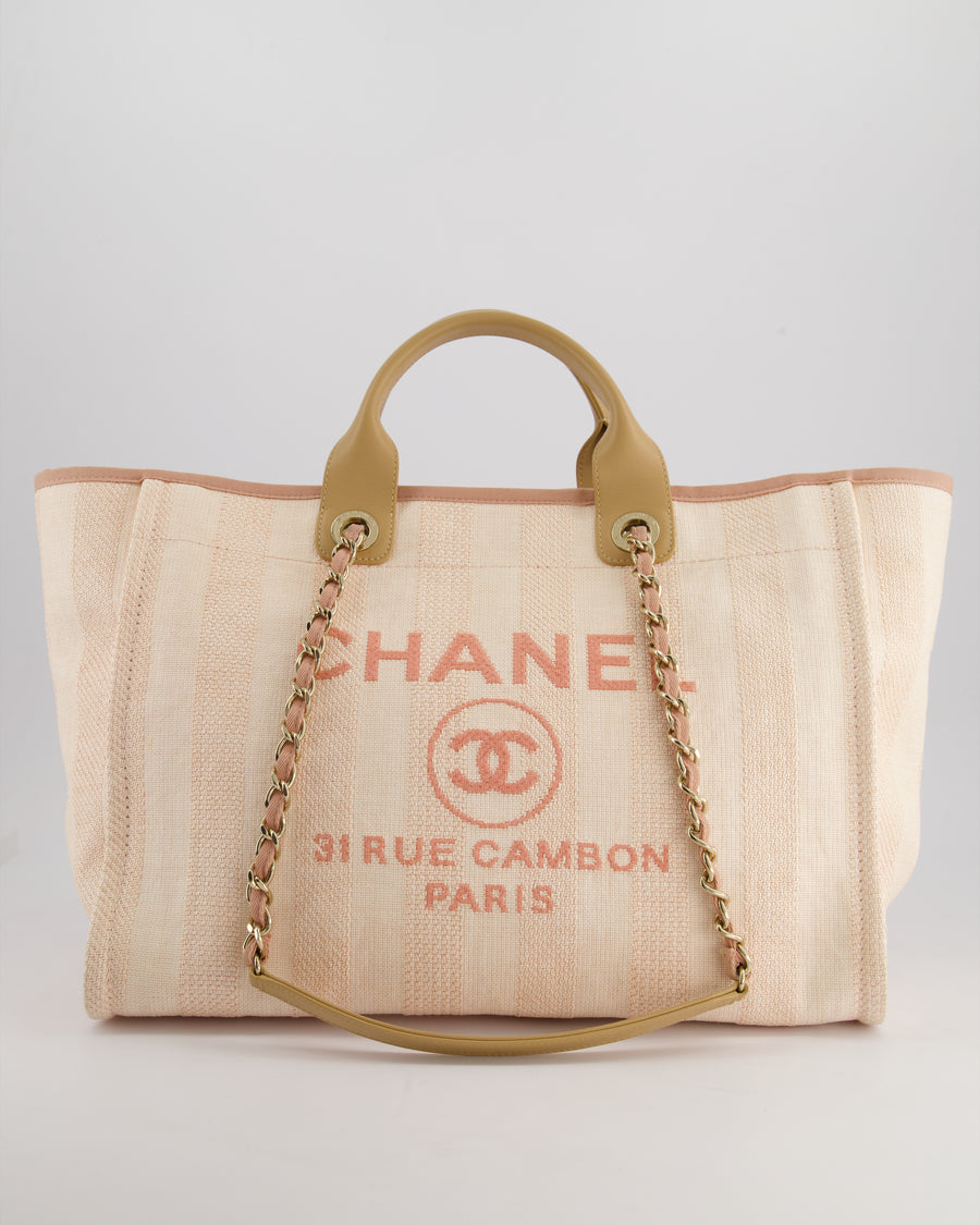 Chanel Baby Pink Canvas Medium Deauville Tote Bag with Beige Leather Handles and Champagne Gold Hardware