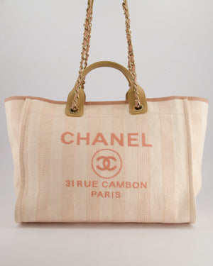Chanel Baby Pink Canvas Medium Deauville Tote Bag with Beige Leather Handles and Champagne Gold Hardware