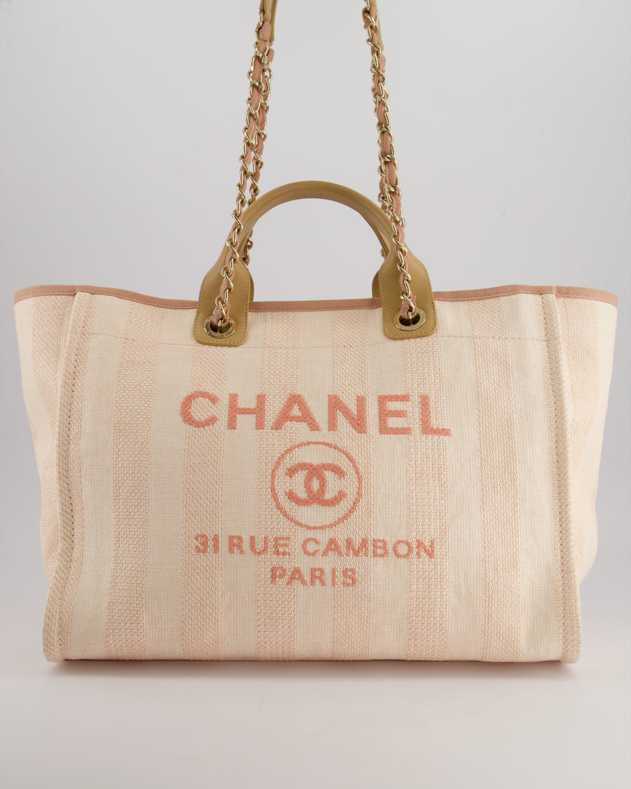 Chanel Baby Pink Canvas Medium Deauville Tote Bag with Beige Leather Handles and Champagne Gold Hardware