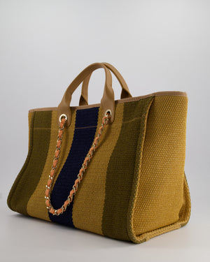 *HOT* Chanel Beige, Navy and Khaki Raffia Deauville Tote with Pastel Logo and Champagne Gold Hardware