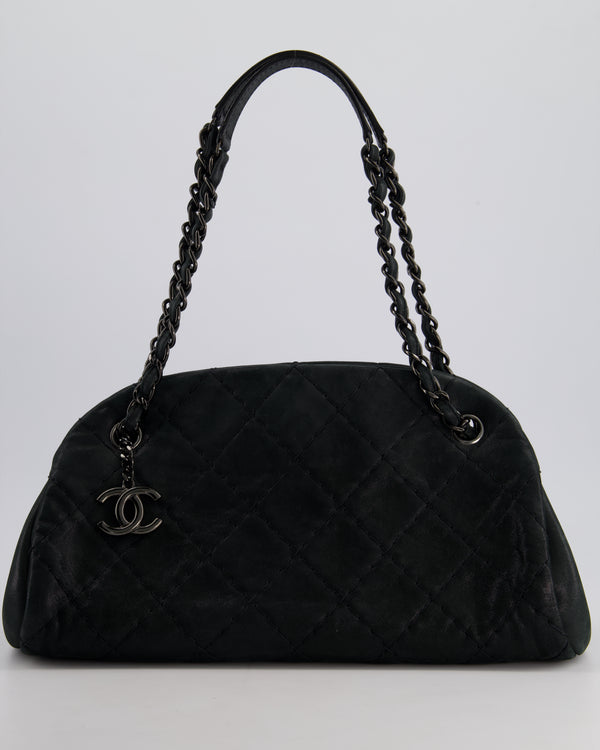 Chanel Black Mademoiselle CC Iridescent Coated Calfskin Bowling Bag with So Black Hardware