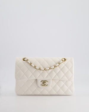 Chanel White Small Classic Double Flap Bag in Caviar Leather with Champagne Gold Hardware