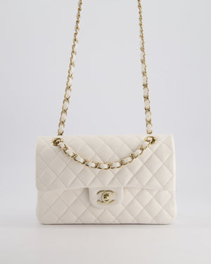 Chanel White Small Classic Double Flap Bag in Caviar Leather with Champagne Gold Hardware