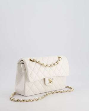 Chanel White Small Classic Double Flap Bag in Caviar Leather with Champagne Gold Hardware