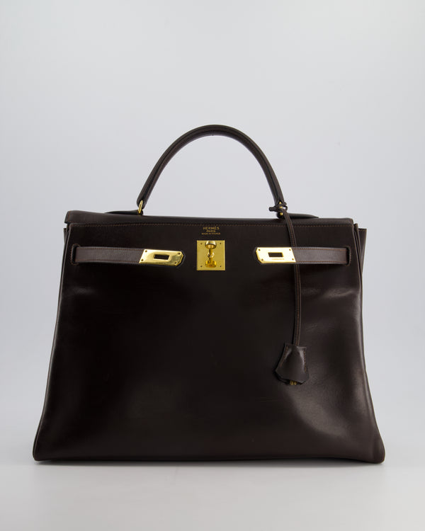 *FIRE PRICE* Hermès Black Kelly Retourne 35cm in Chocolate Box Leather with Gold Hardware