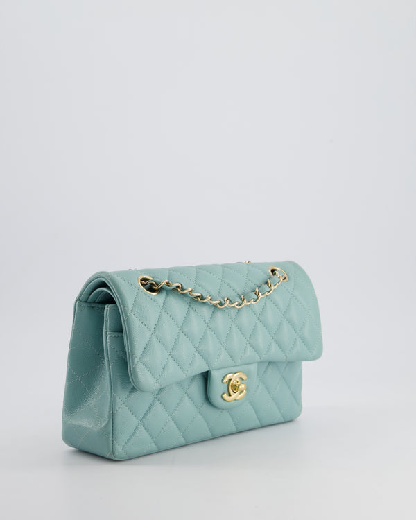 *HOT* Chanel Tiffany Blue Small Classic Double Flap Bag in Caviar Leather with Champagne Gold Hardware