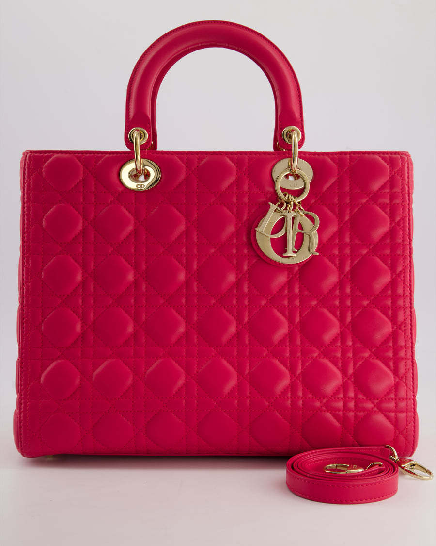 Christian Dior Large Lady Dior Bag in Hot Pink Lambskin Leather