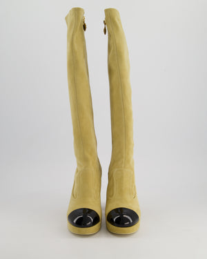 *HOT* Chanel SS/24 Beige Suede Platform Logo Knee-High Boots Size EU 36