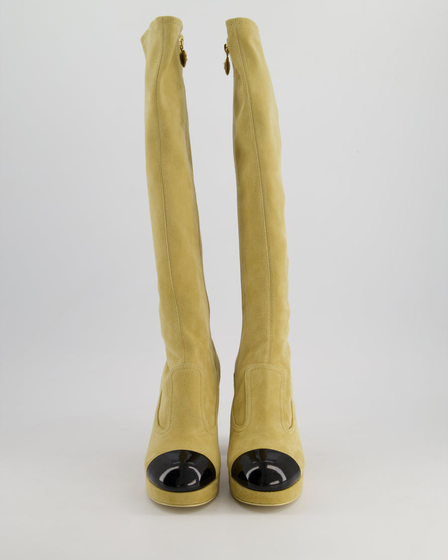 *HOT* Chanel SS/24 Beige Suede Platform Logo Knee-High Boots Size EU 36