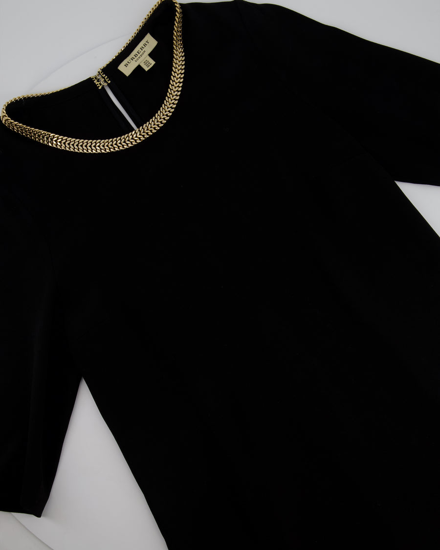 Burberry Black Mini Shift Dress With Gold Chain Neckline Detail Size UK 14
