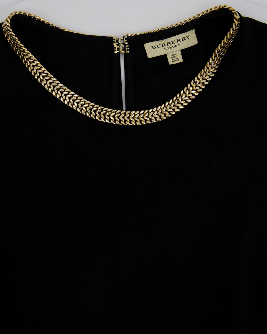 Burberry Black Mini Shift Dress With Gold Chain Neckline Detail Size UK 14