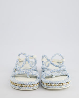 Chanel Baby Blue & White Rope Woven Flat Sandals with Champagne Gold Chain Trim and CC Logo Size EU 39C