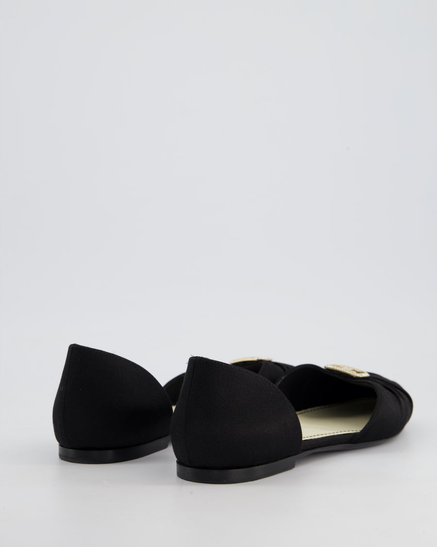 Chanel Black 23C D'Orsay Flats in Satin with CC Crystal Logo Detail Size EU 39
