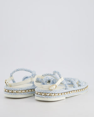 Chanel Baby Blue & White Rope Woven Flat Sandals with Champagne Gold Chain Trim and CC Logo Size EU 39C