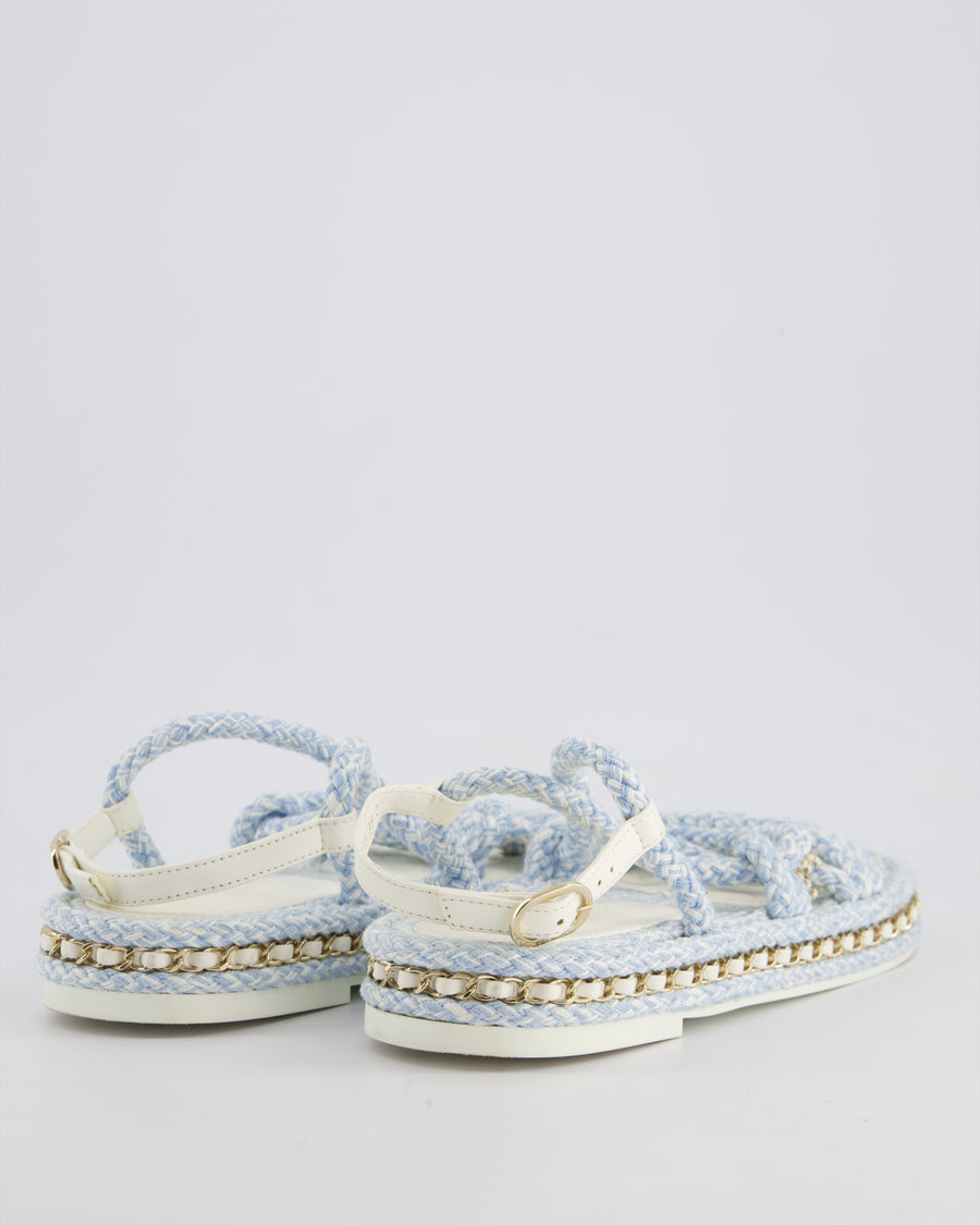 Chanel Baby Blue & White Rope Woven Flat Sandals with Champagne Gold Chain Trim and CC Logo Size EU 39C