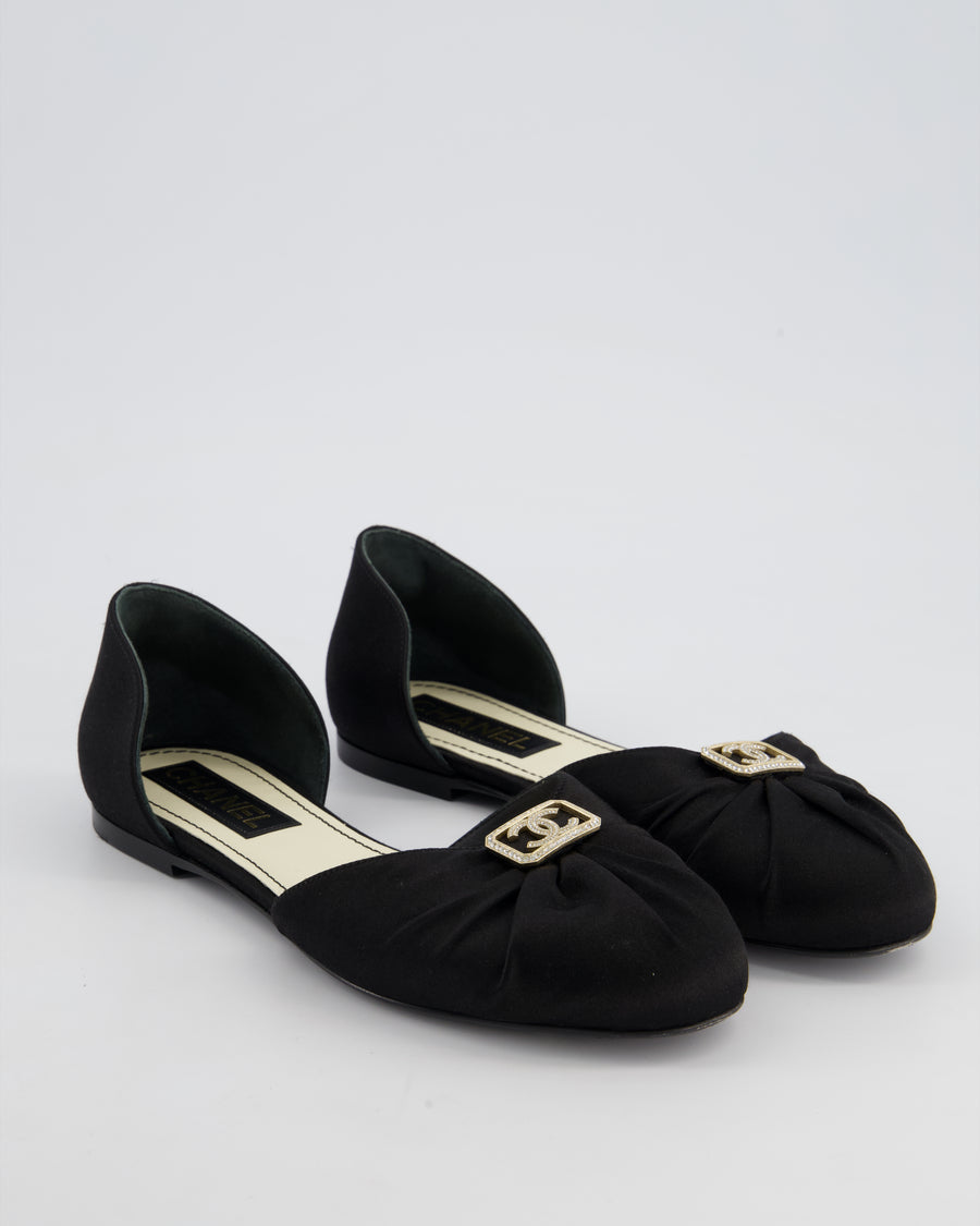 Chanel Black 23C D'Orsay Flats in Satin with CC Crystal Logo Detail Size EU 39