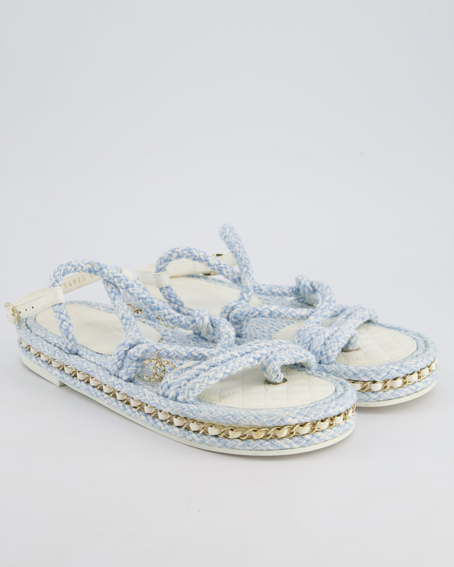 Chanel Baby Blue & White Rope Woven Flat Sandals with Champagne Gold Chain Trim and CC Logo Size EU 39C