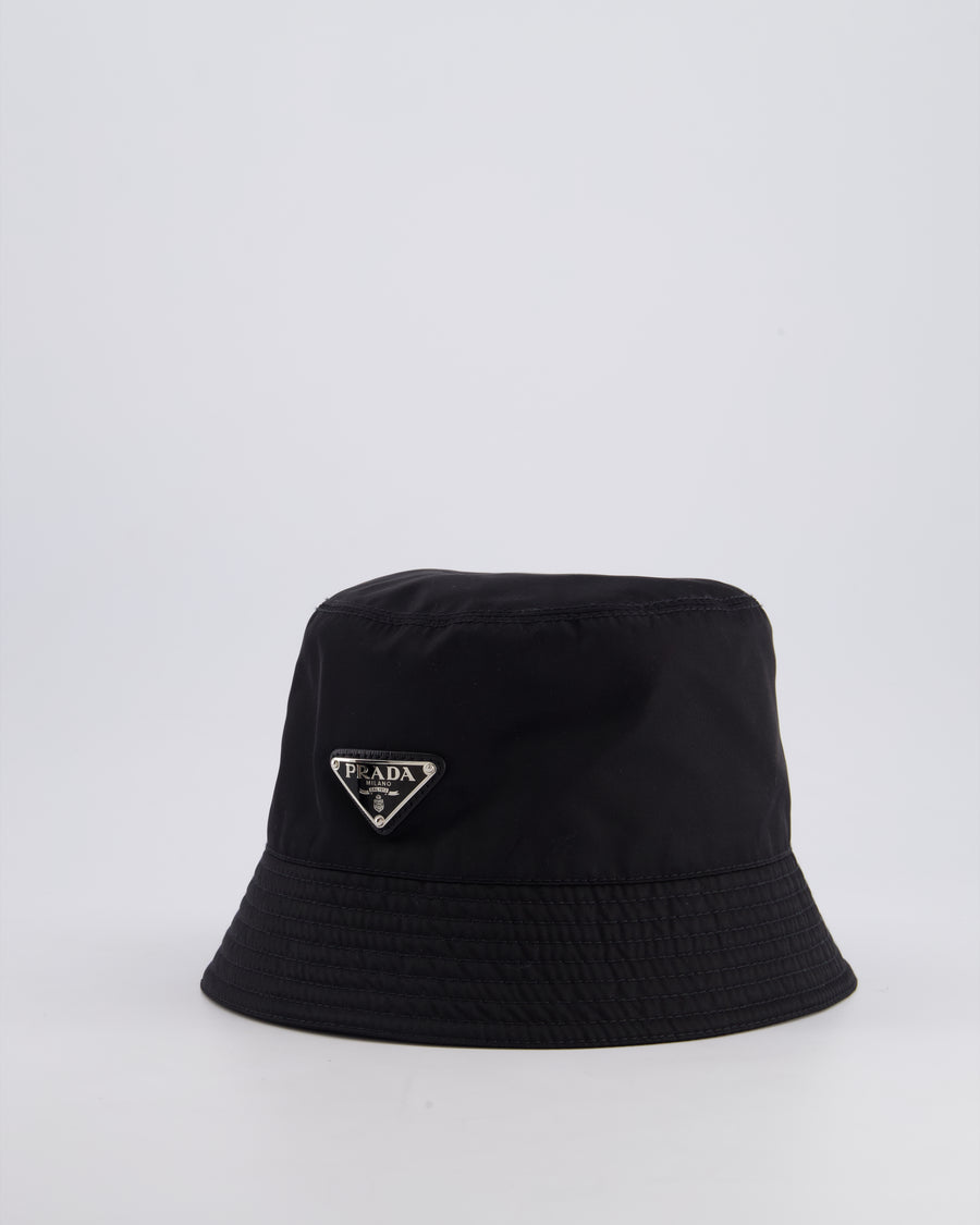 Prada Black Re-Nylon Bucket Hat with Silver Logo Size S